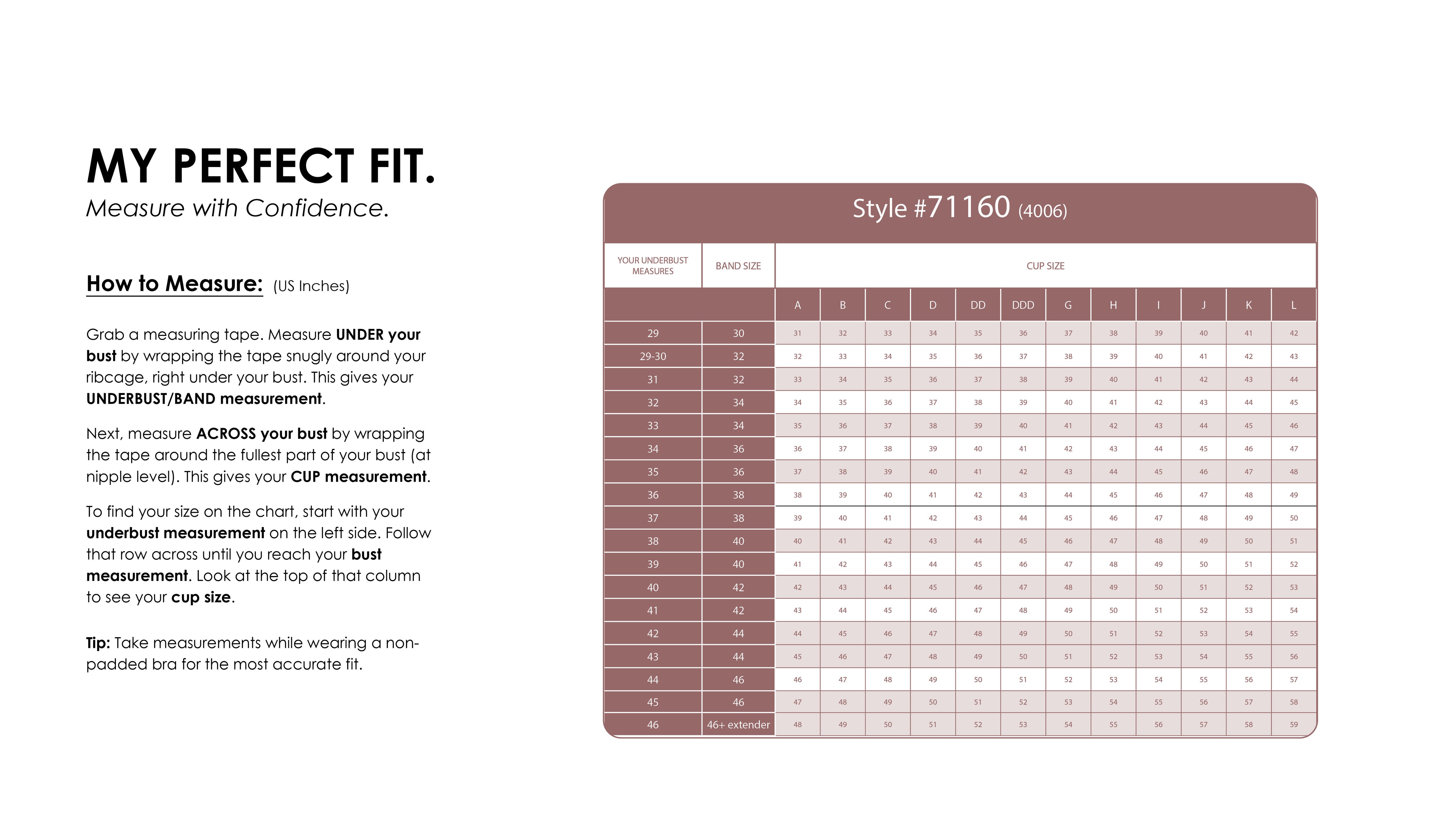 Size Chart for Zenith Control Max Bra