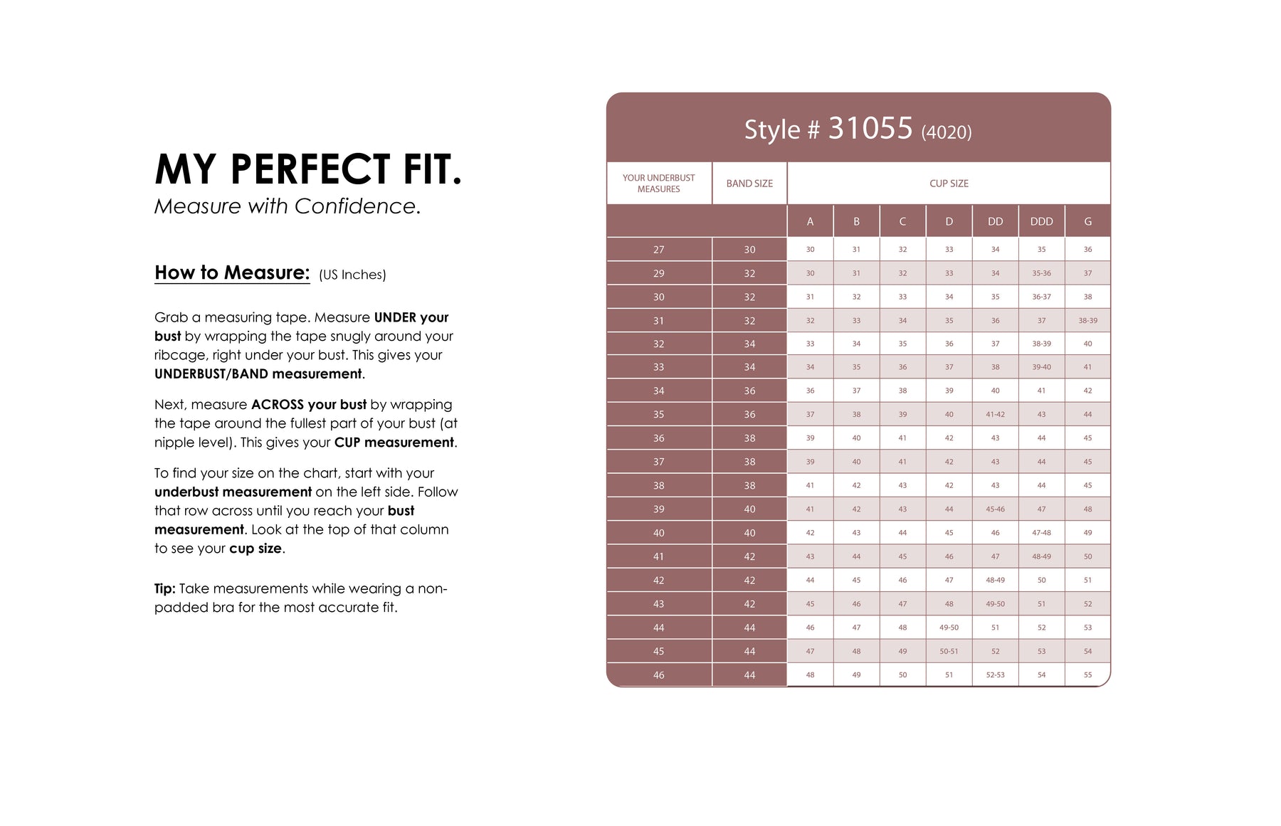 Size Chart for Sleek Comfort Everyday Bra