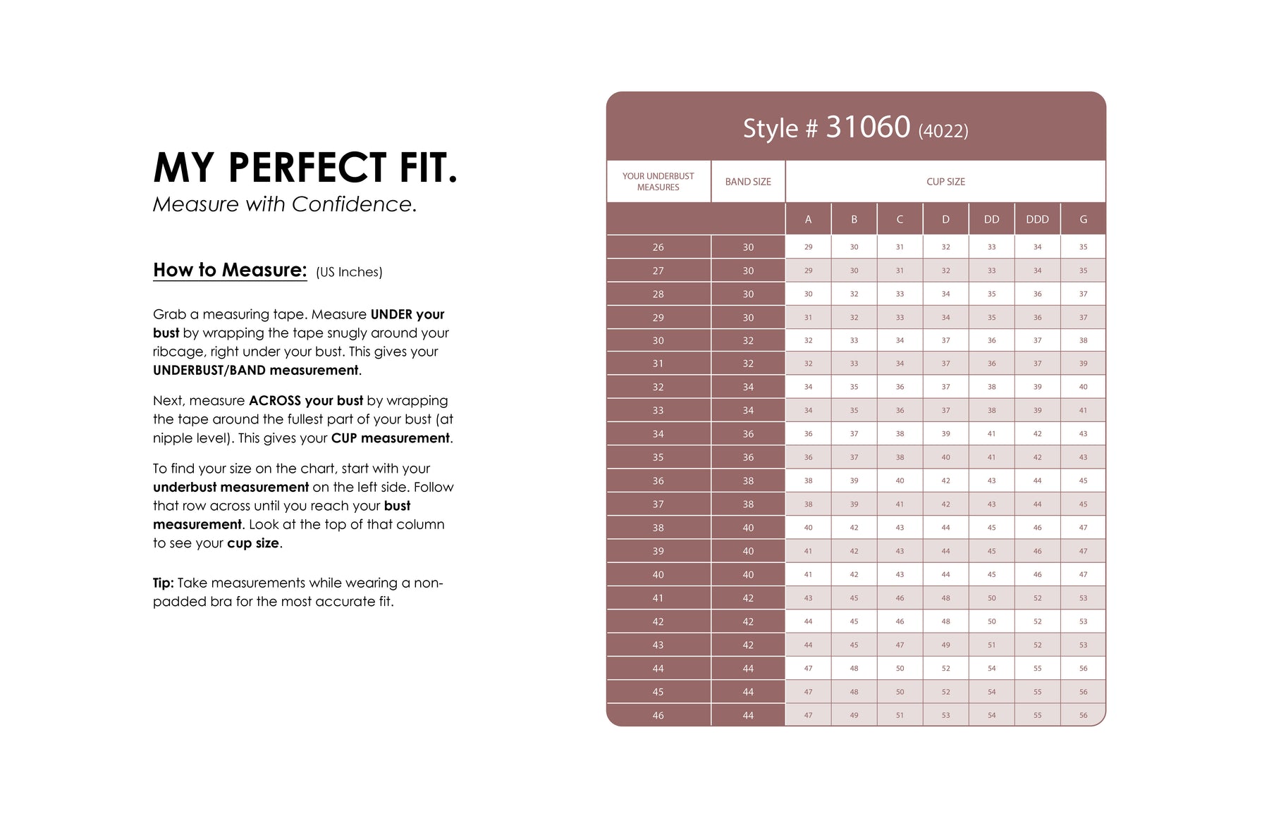 Size Chart for Athletique No-Bulge Underwire Sports + Everyday Bra