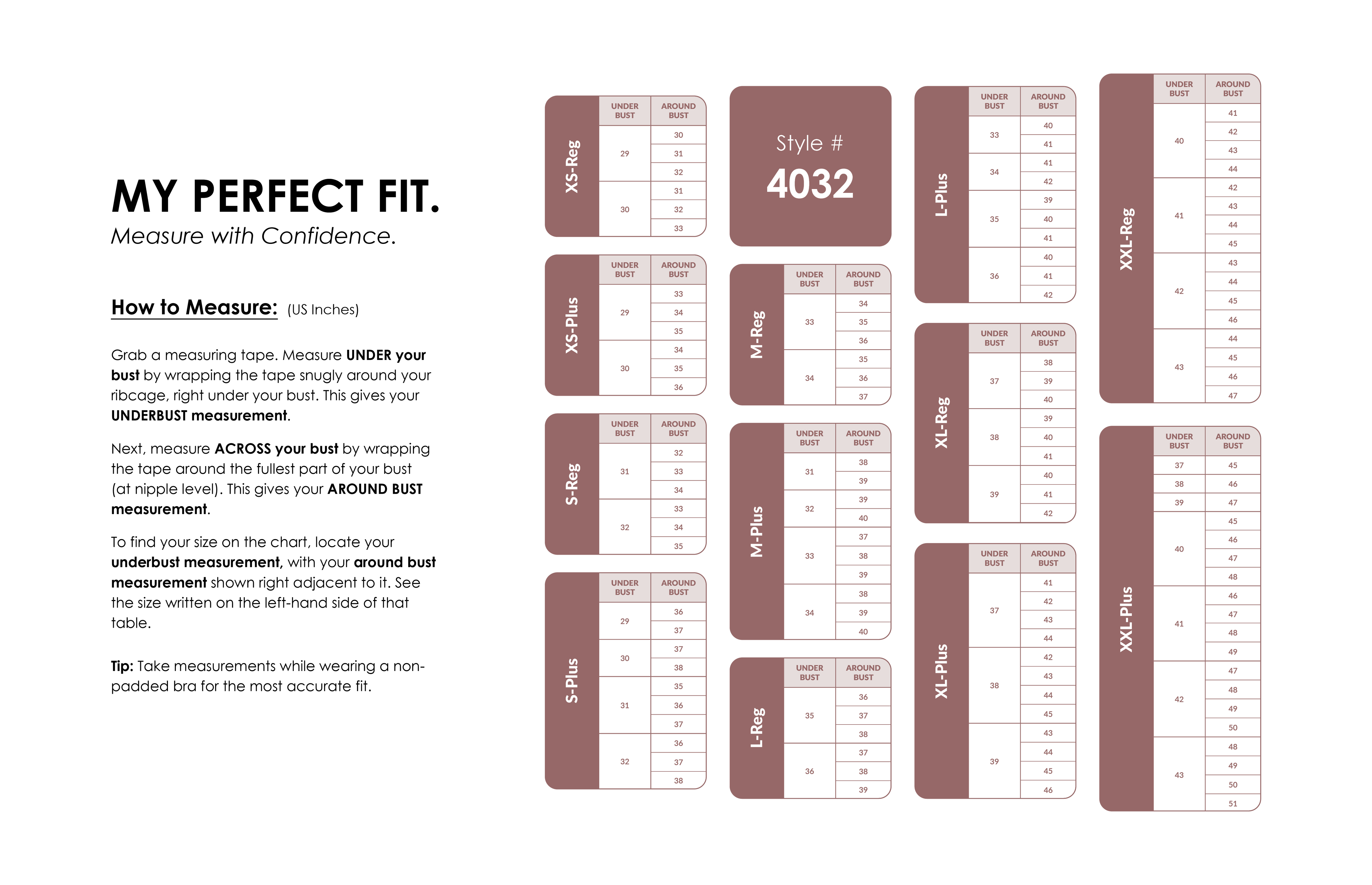 Size Chart for Selena Premiere Comfort Nursing Bra