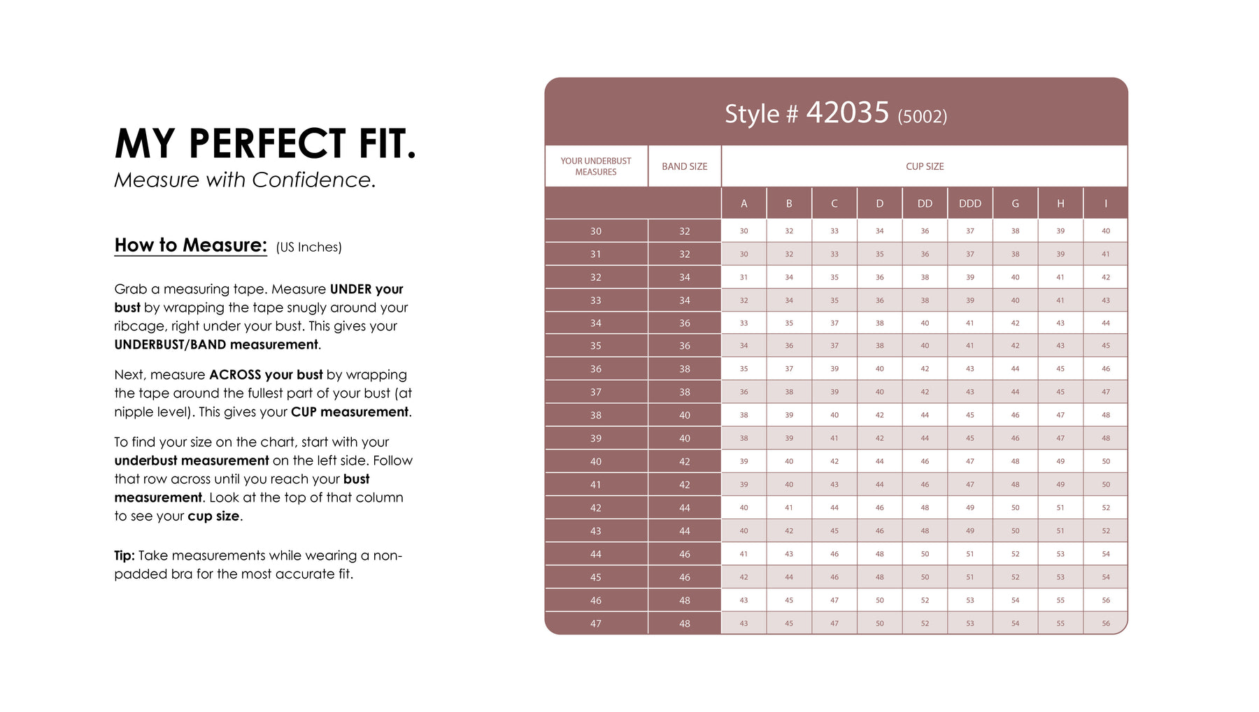 Size Chart for Petit Longline Wireless Minimizer Bra
