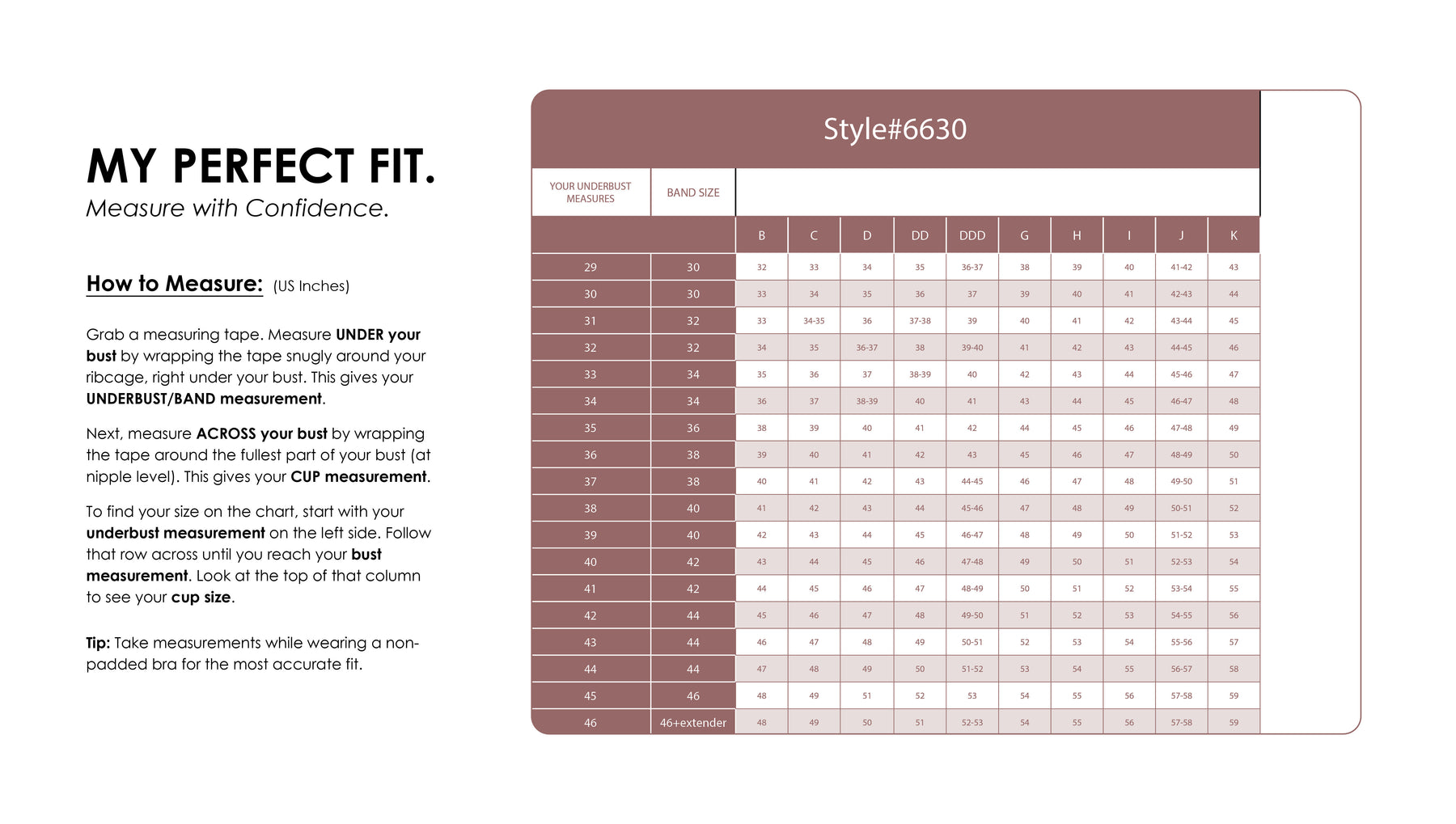 Size Chart for Lace of Grandeur Wirefree Longline Bra