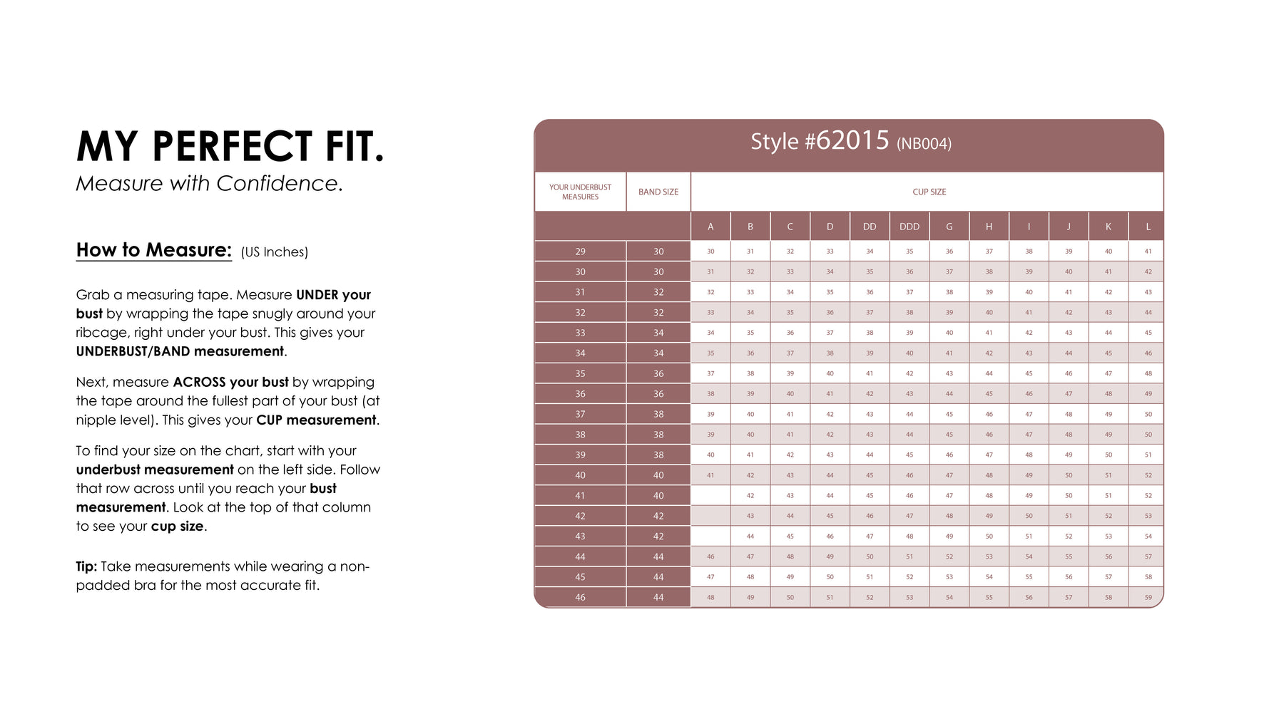 Size Chart for Essential Support Nursing Bra