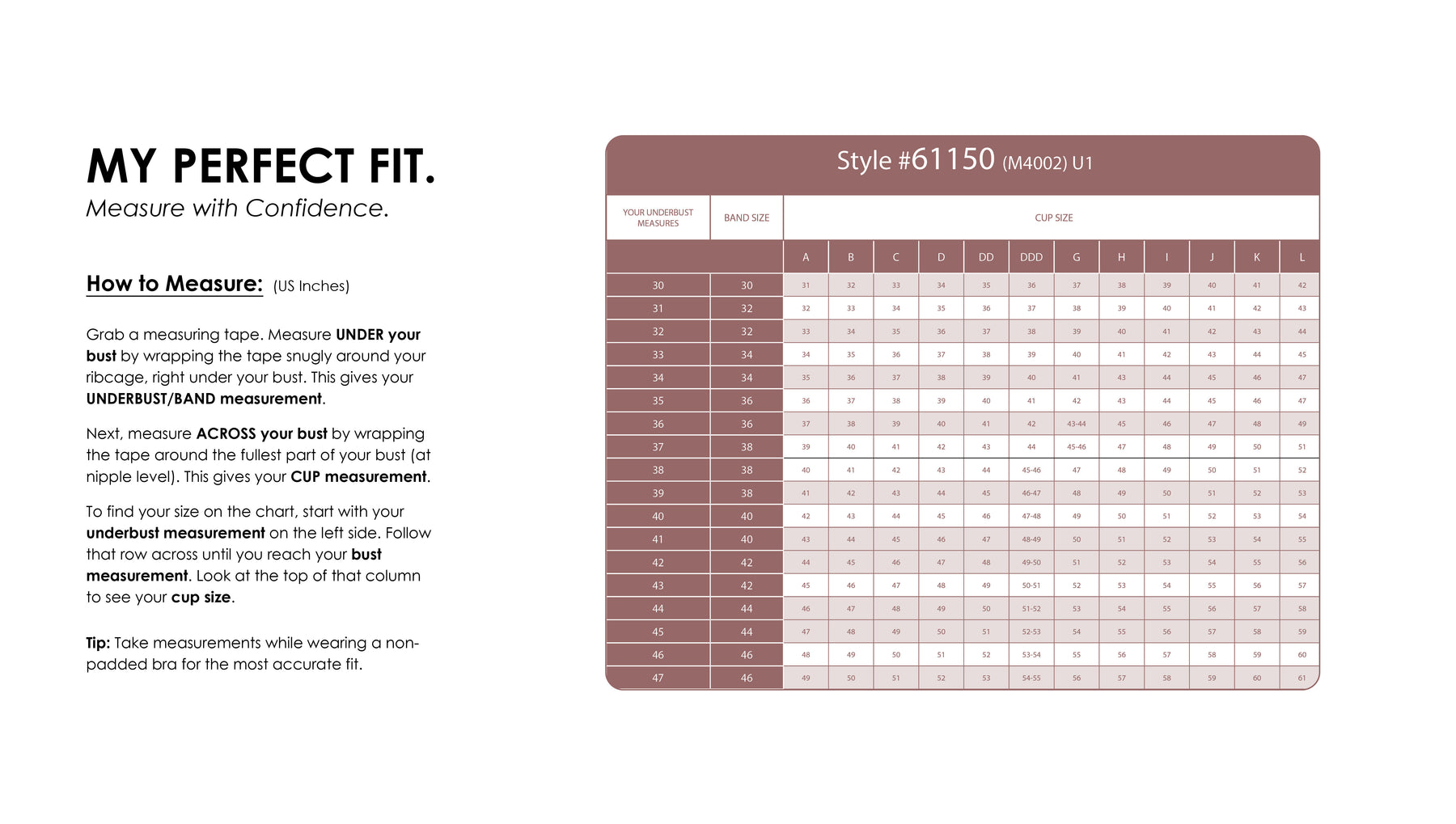 Size Chart for Luxe Nursing Bra