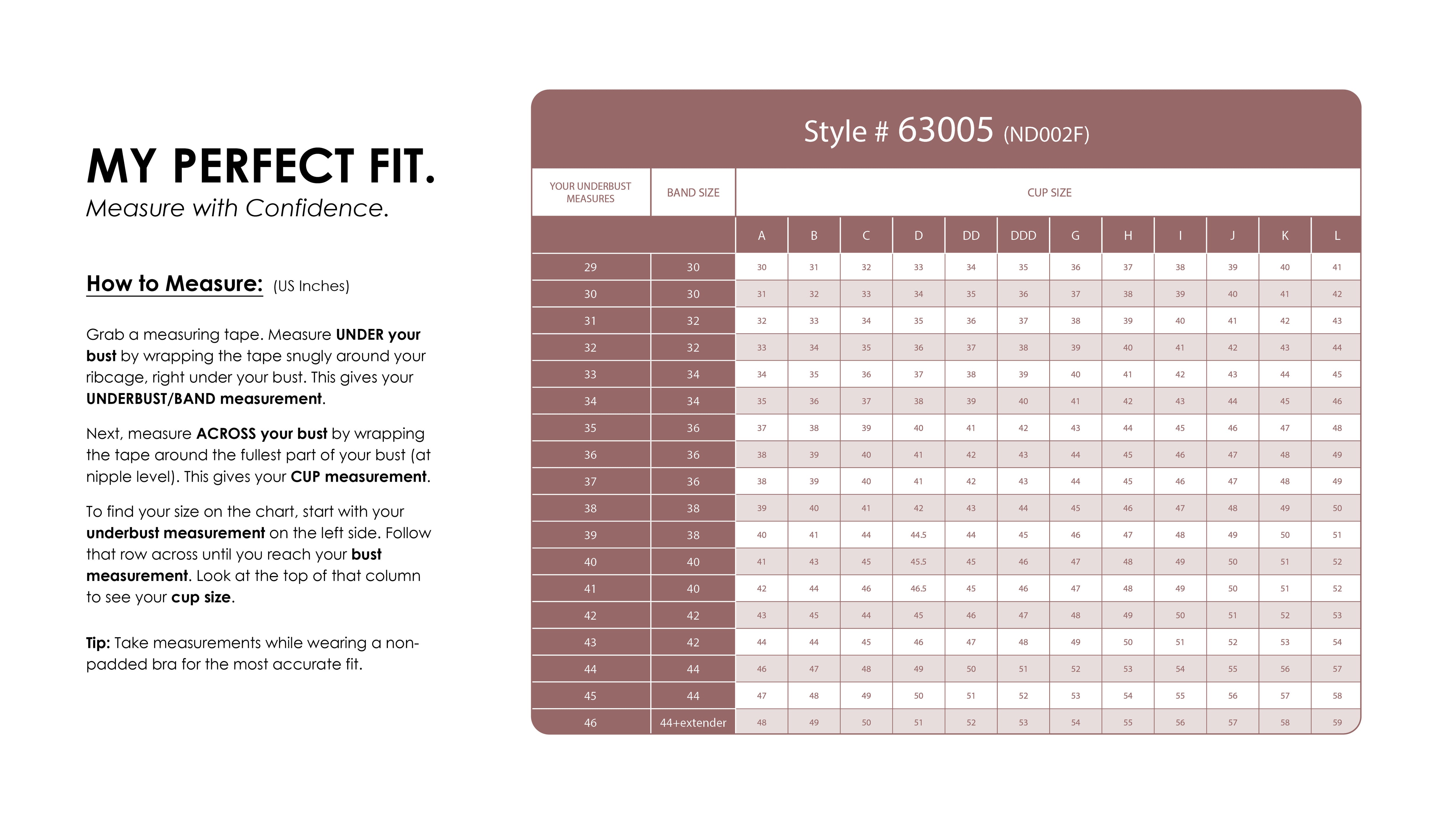 Size Chart for Audrey Nursing+ Full Coverage Minimizer Bra