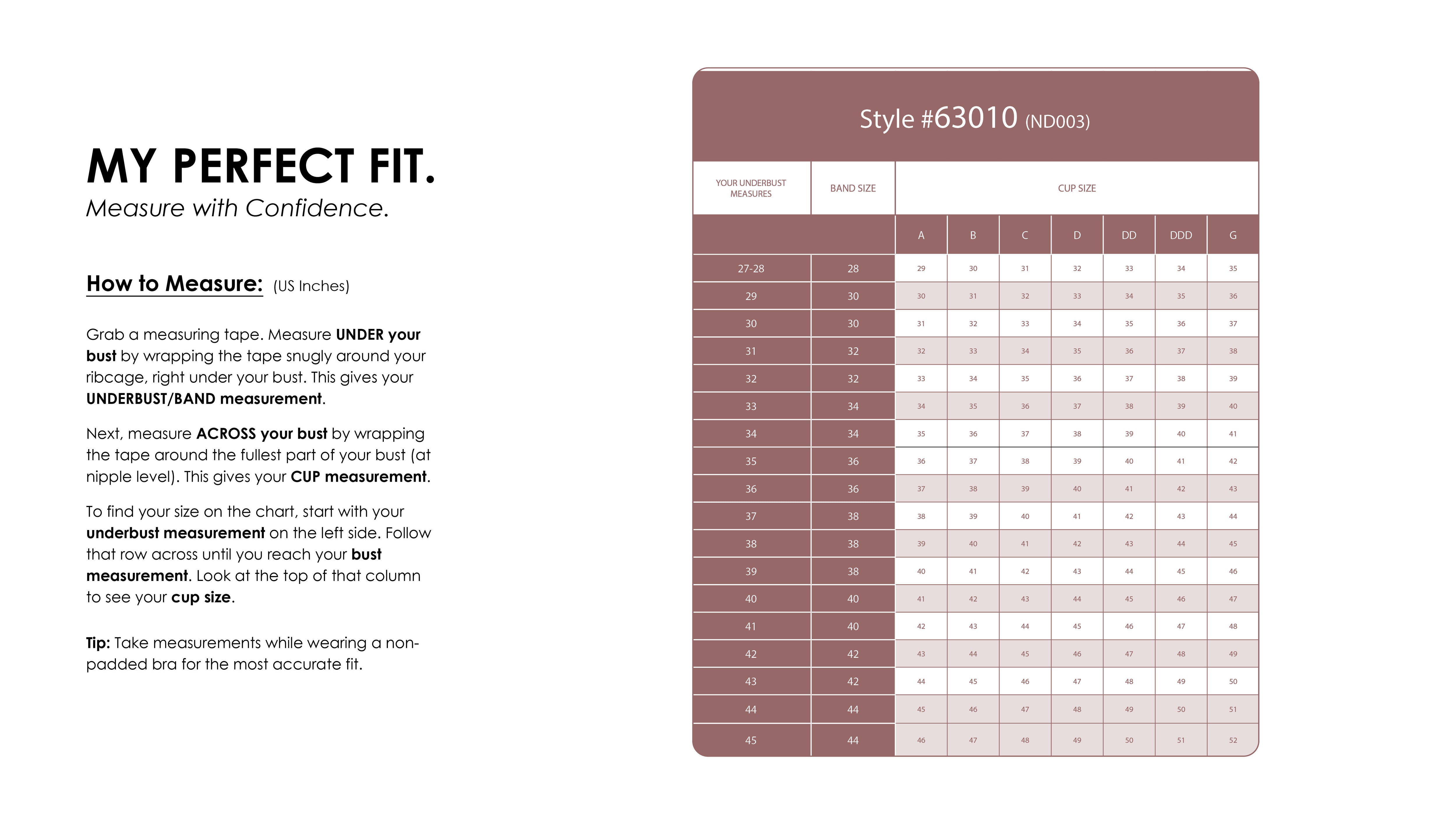 Size Chart for Brooke Streamlined  Nursing Bra