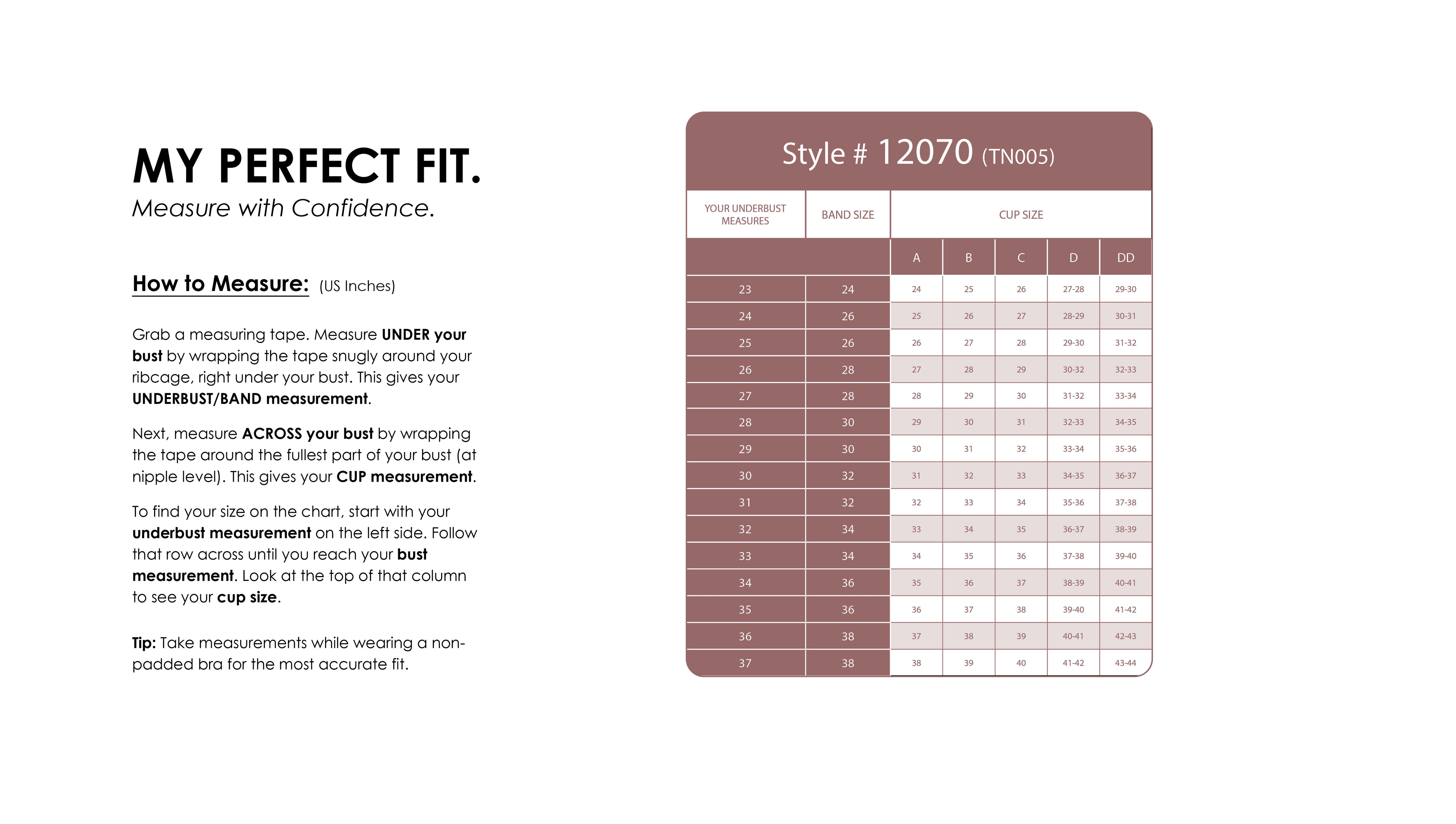 Size Chart for TEEN BLISS BRA